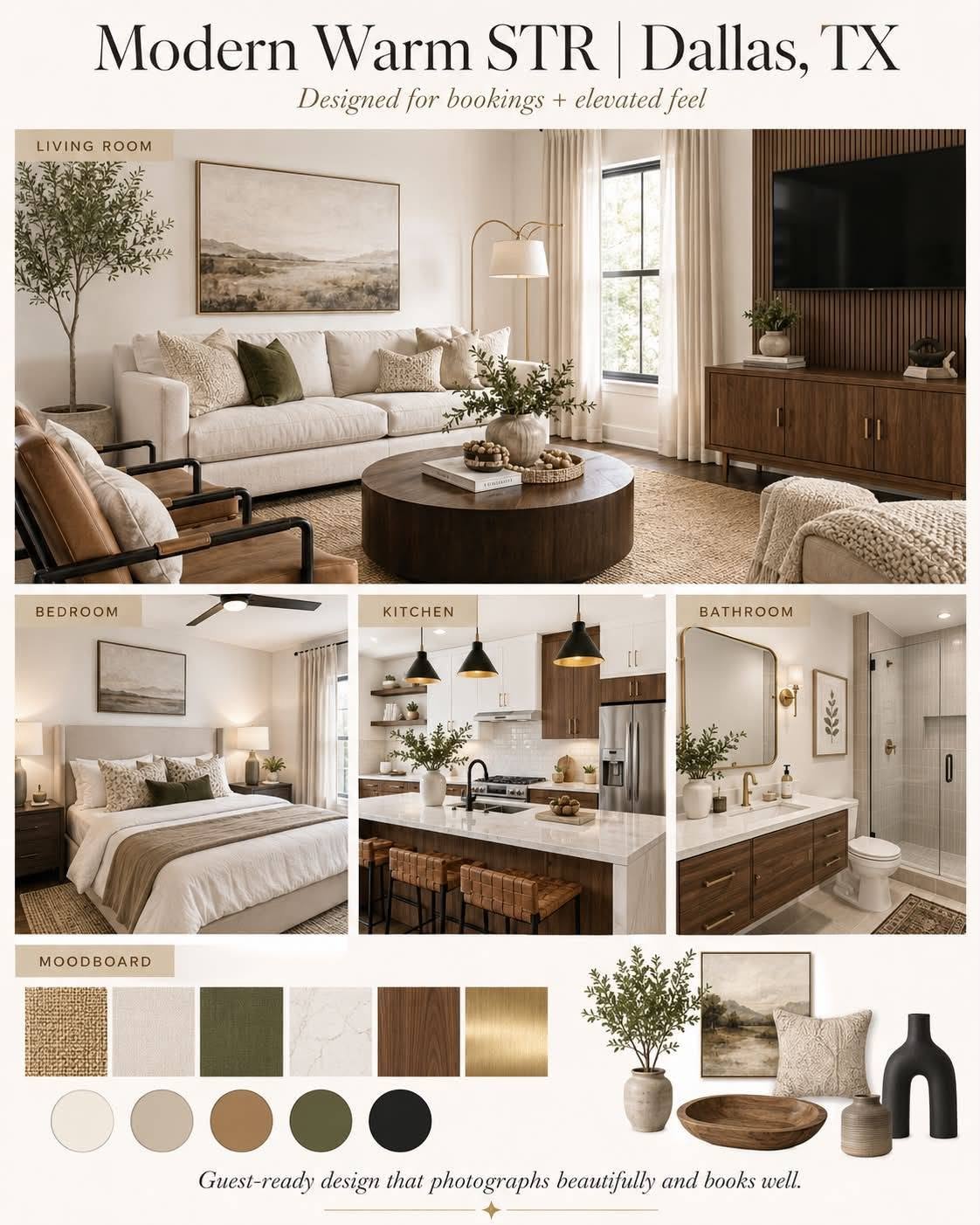 Moodboard and materials palette for a Modern Warm STR project in Dallas, TX